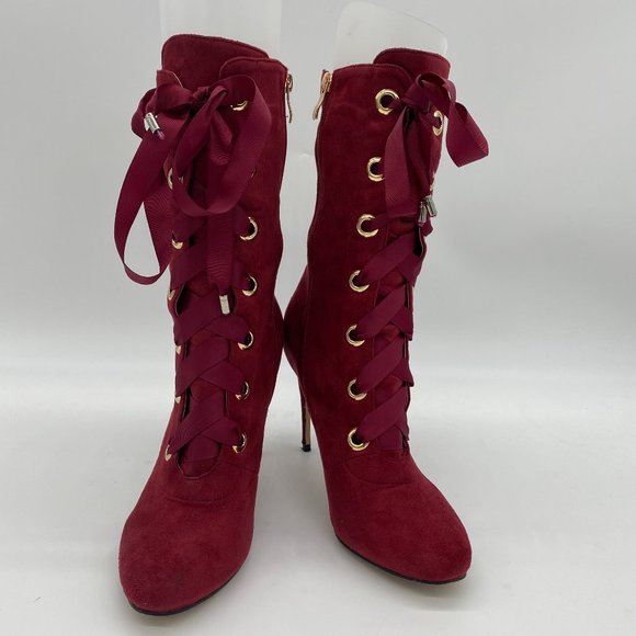 Red Round Toe Lace Up Boot Zip Stiletto Heel Boot - Picture 2 of 9